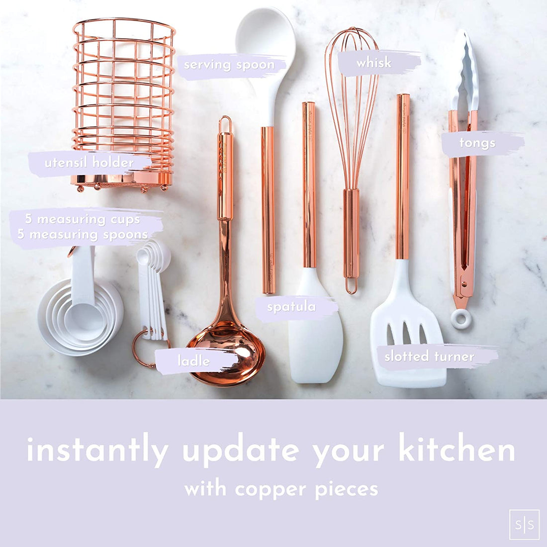 White Silicone and Copper Kitchen Utensils Set with Holder - 17-Piece 