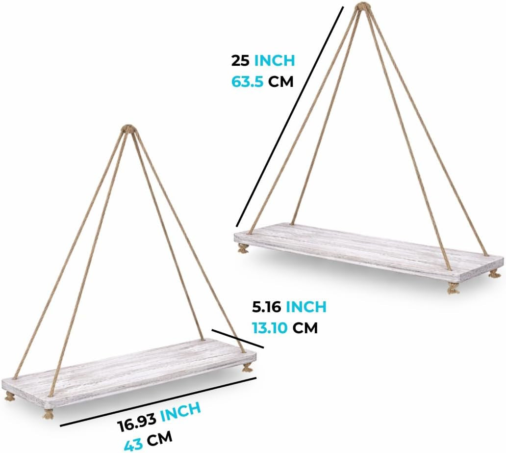 Hanging Shelves for Wall - Set of 2 – Rustic Farmhouse Boho Shelves with String 