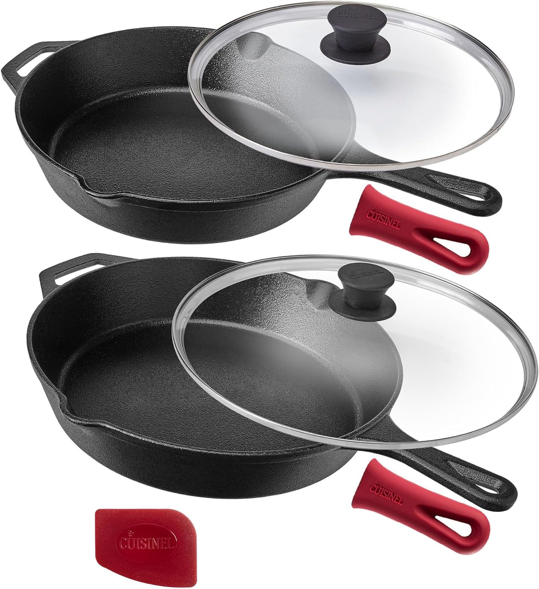 Cast Iron Skillet Set - 10" + 12" Frying Pan + Glass Lids + 2 Handle Cover Grips 