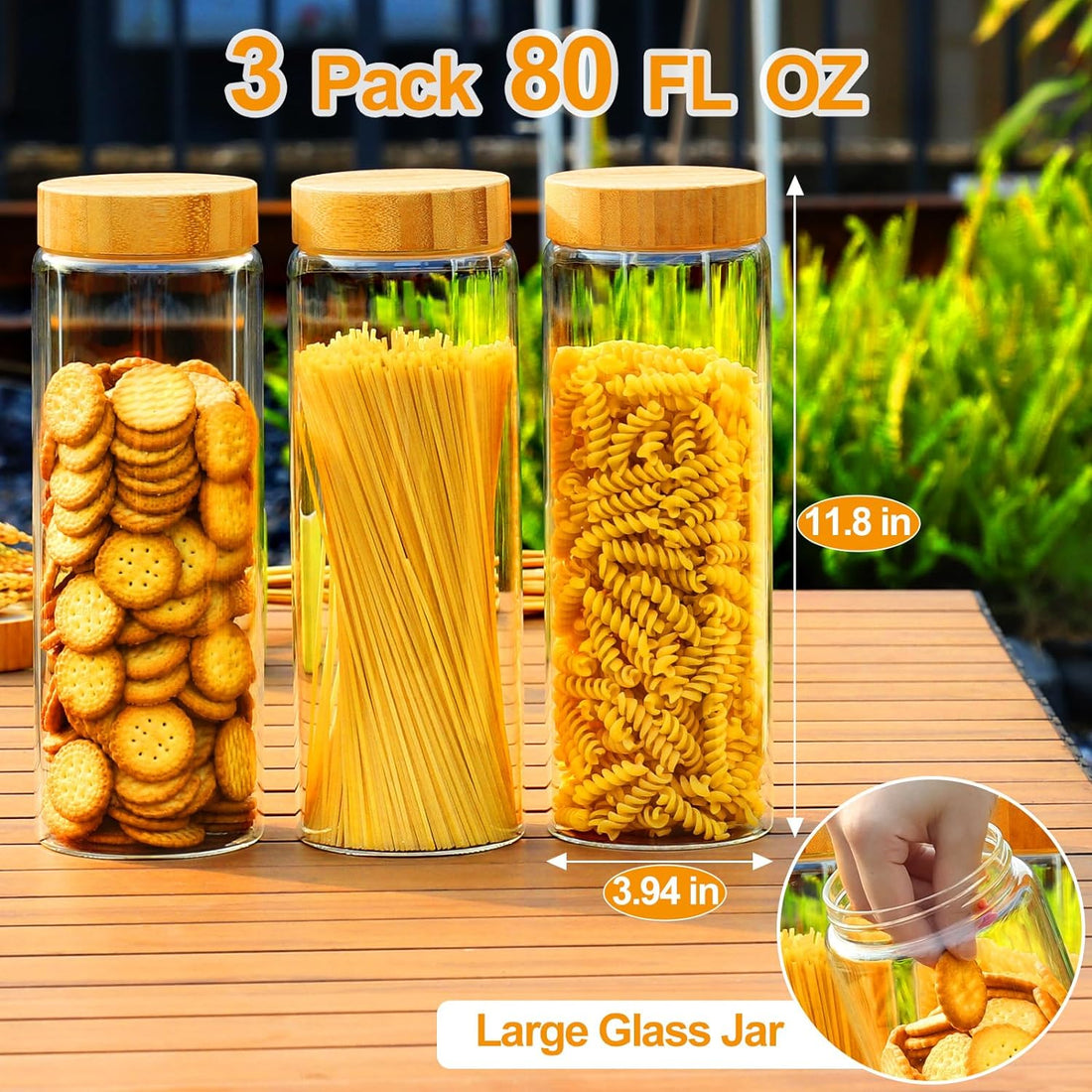Glass Canisters with Airtight Bamboo Lids - 3 Pack 80Oz Cereal Containers