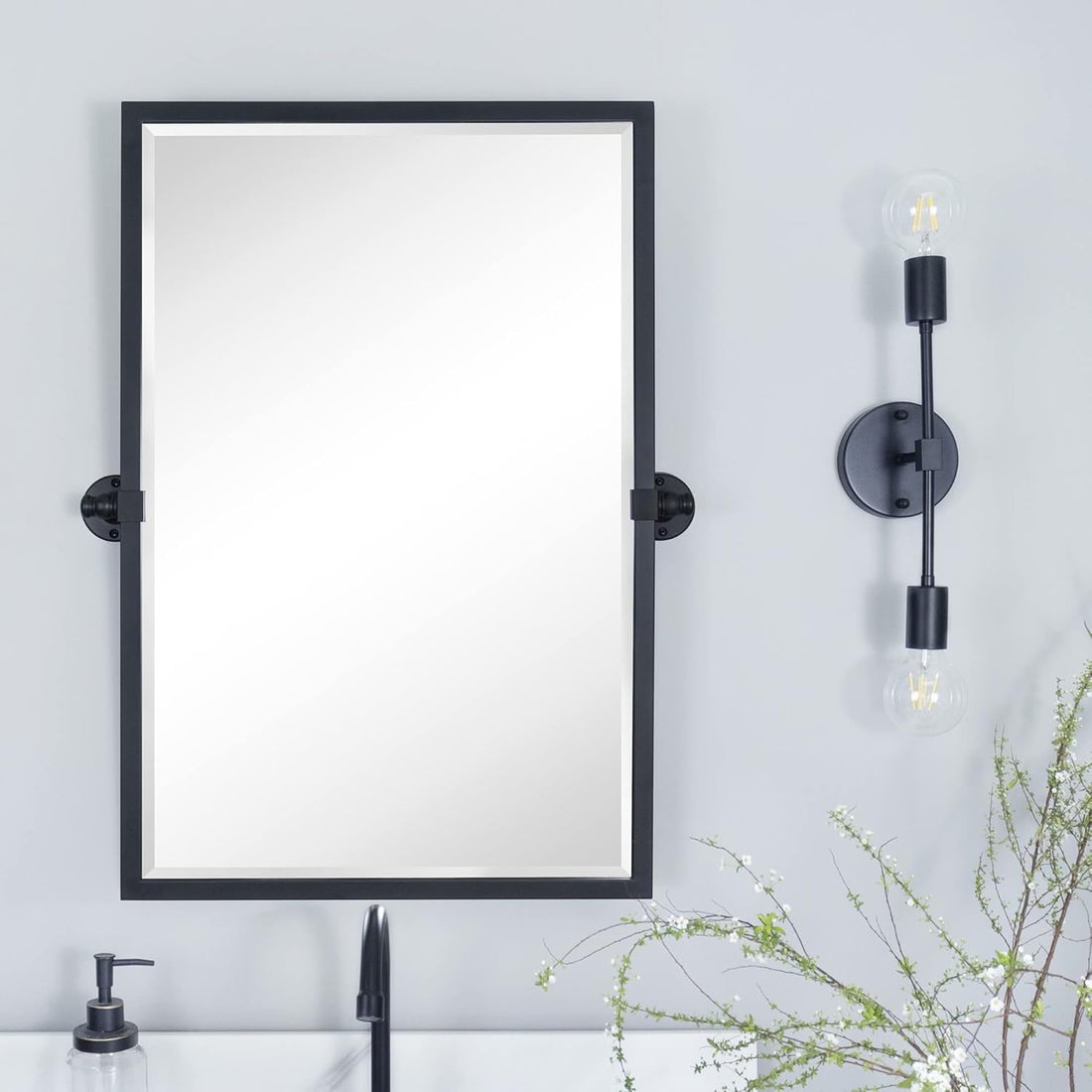 20X30'' Pivot Tilting Bathroom Vanty Mirror Rectangle Black Metal Framed Beveled Wall Mirror