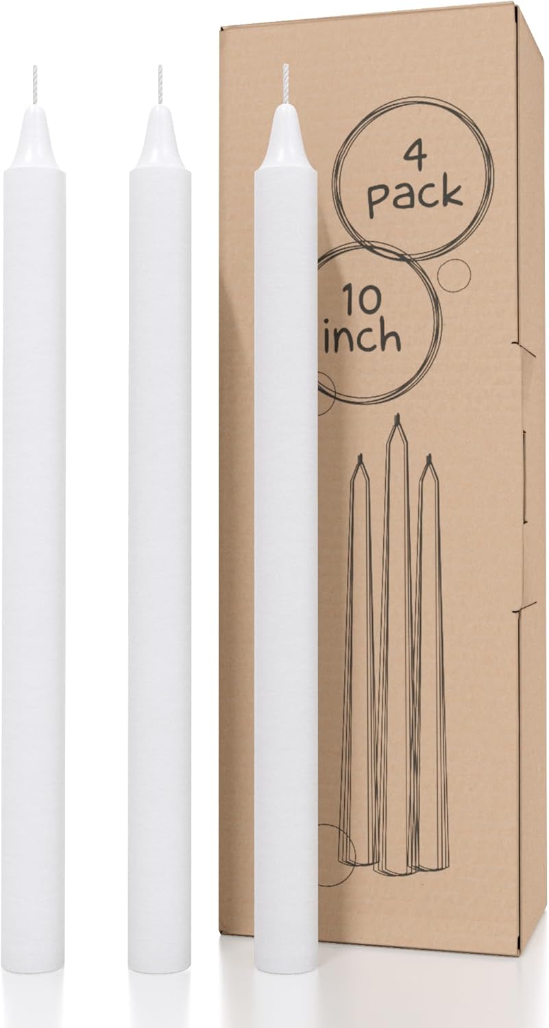 White Taper Candles Pack of 4 - Slow Burning Dripless Unscented Straight Candles 10 Inch