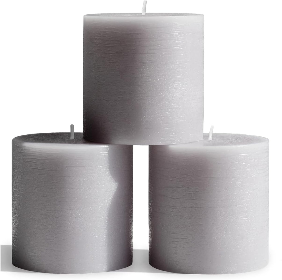 3X3 Pillar Candles Set of 3 - Rustic Unscented No Drip Light Gray Candles 