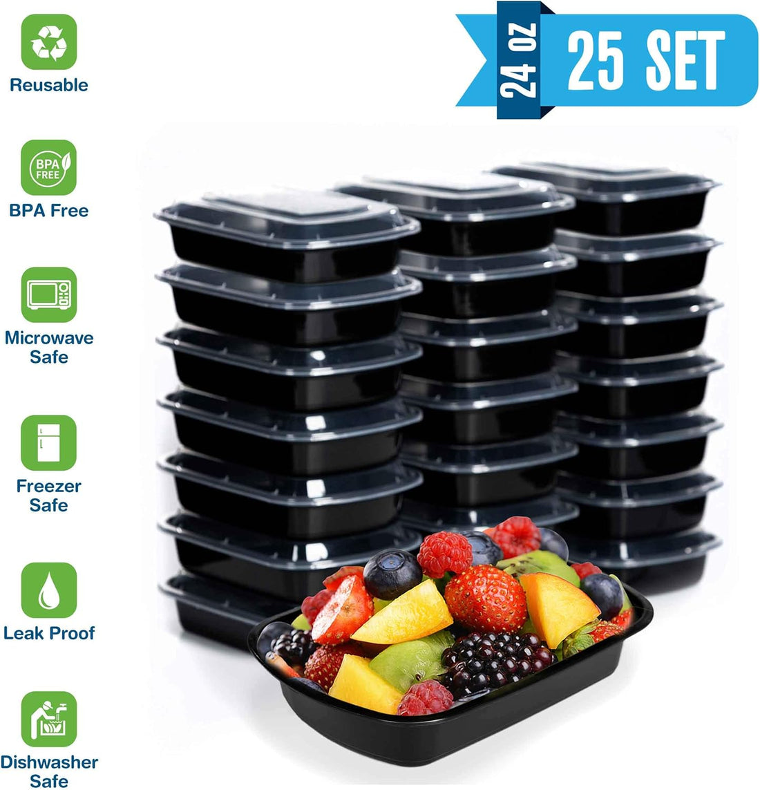 Meal Prep Container Reusable with Lids [25 Set] 24Oz