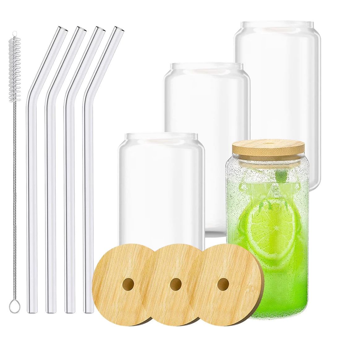 4-Pack 16 Oz Glass Cups with Bamboo Lids and Glass Straws