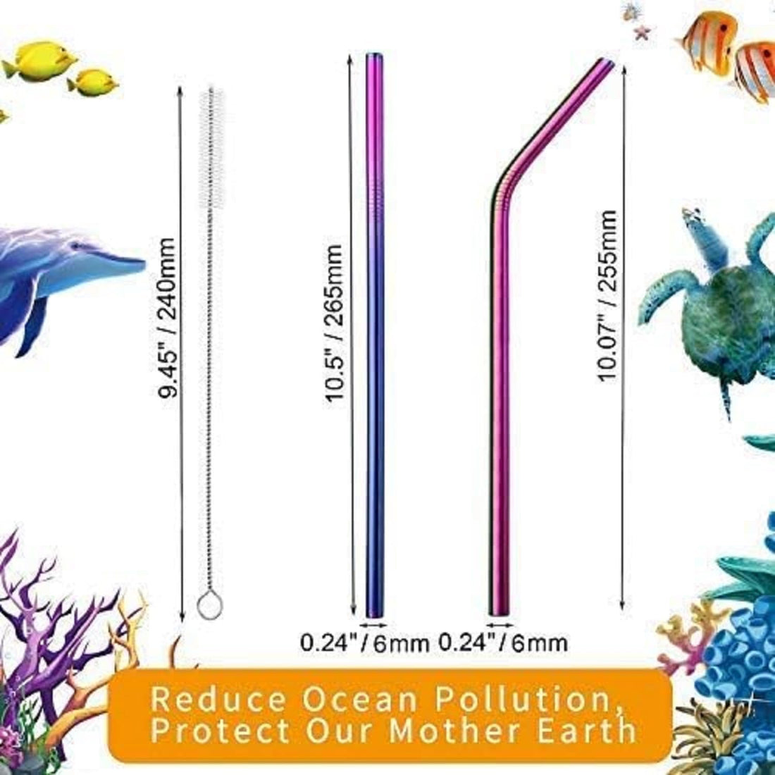 Metal Straws Drinking Straws 10.5" Stainless Steel Straws Reusable 8 Set