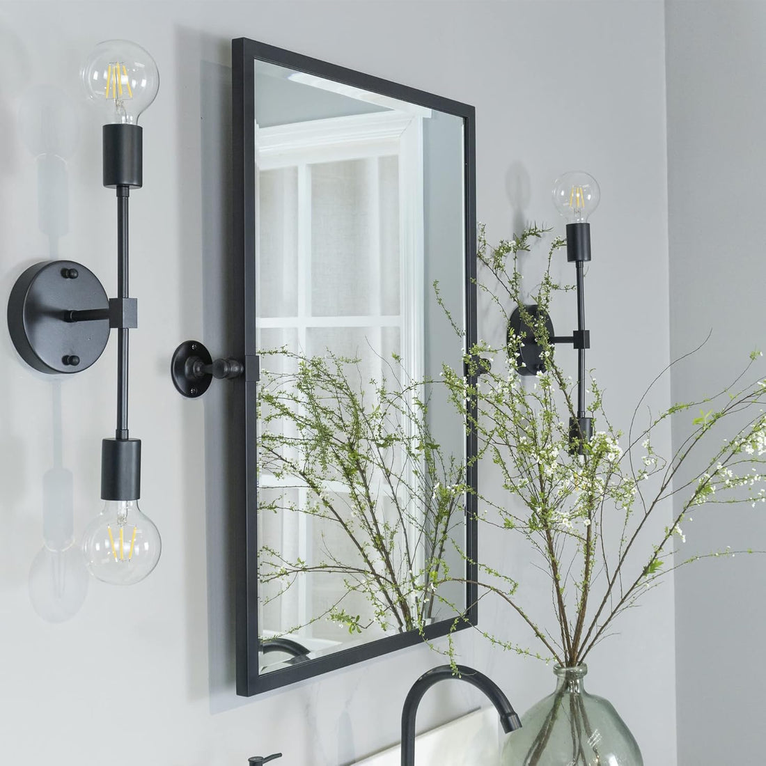 20X30'' Pivot Tilting Bathroom Vanty Mirror Rectangle Black Metal Framed Beveled Wall Mirror