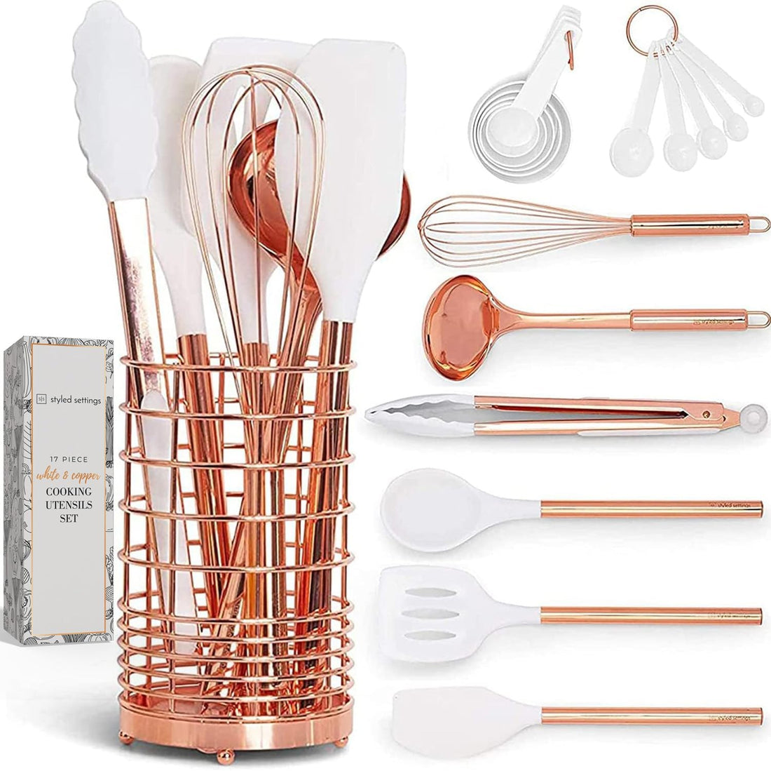 White Silicone and Copper Kitchen Utensils Set with Holder - 17-Piece 