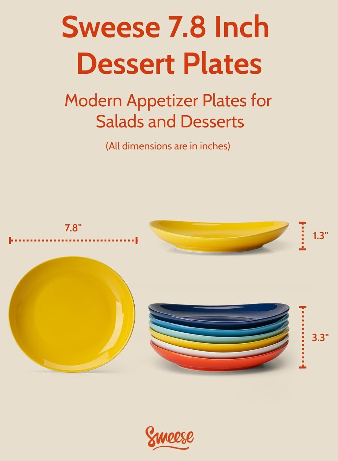 7.8 Inch Porcelain Dessert Plates Set of 6